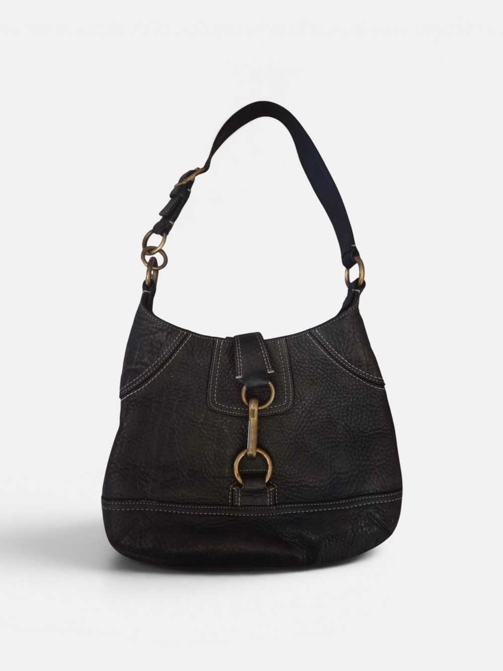 Coach Hampton Hobo Black Leather Shoulder Bag with Brass Ring Detail - Picture 2 of 6